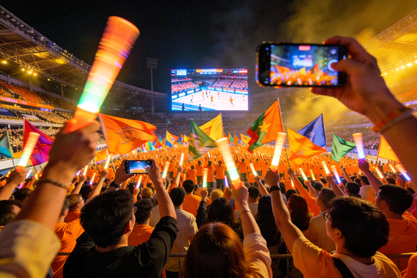 体育赛事直播现场画面，观众欢呼场景